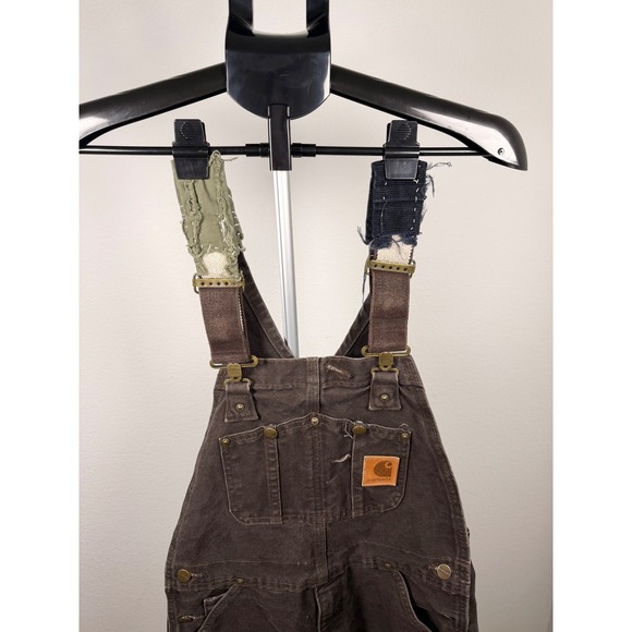 Carhartt Custom utility Shortails Brown Duck Canvas Patchwork Workwear Overalls - Picture 2 of 11